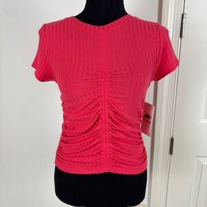 DKNY Jeans Pink Ribbed Ruched Front‎ Short Sleeve Top T-Shirt Size XS New